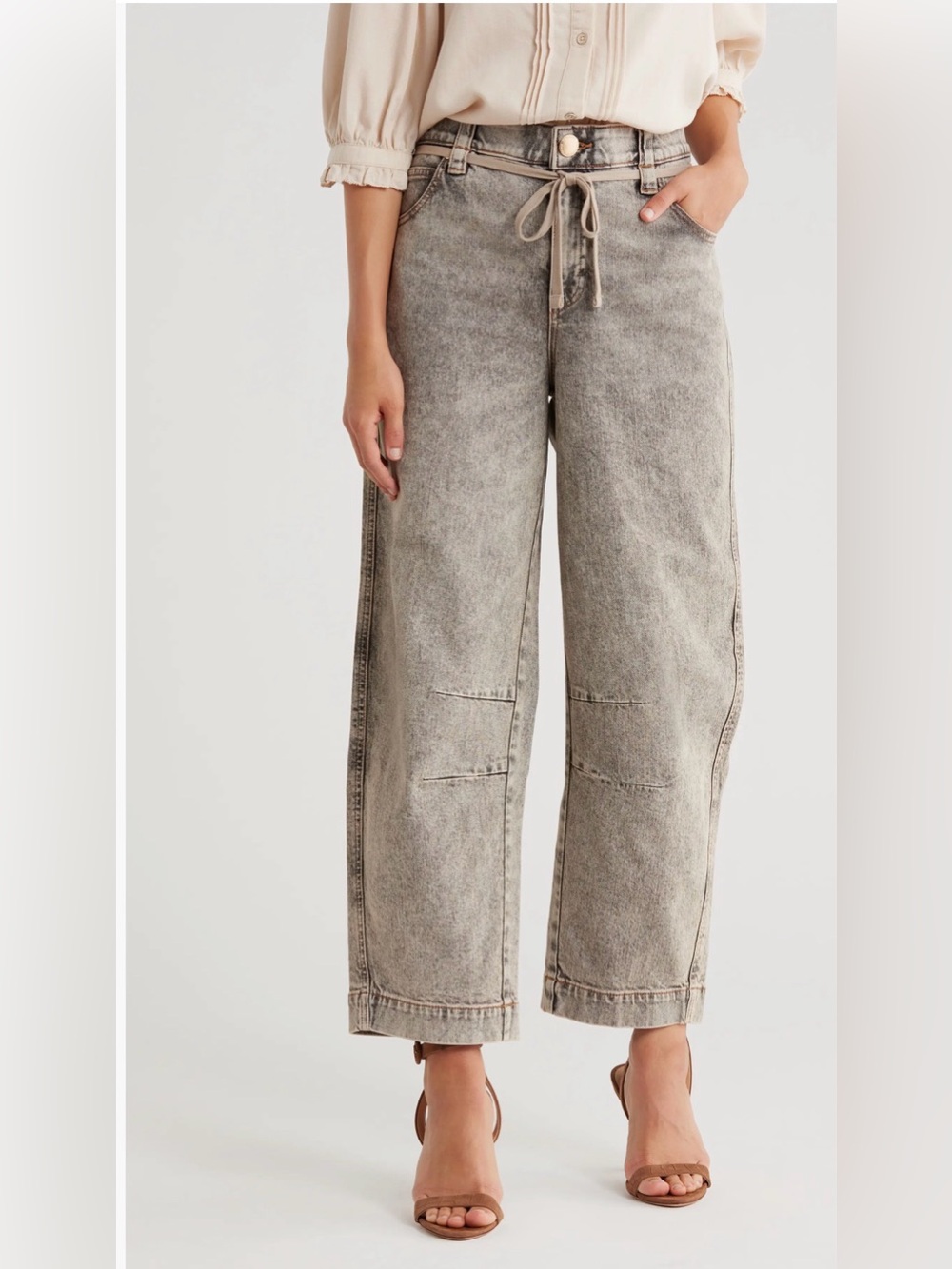 Democracy Tie Waist Ankle Barrel Leg Jeans | Size 10 | Gray Wash Tinted Brown